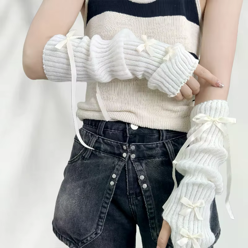 Manchons à main avec nœud papillon pour femmes, gants demi-doigt tricotés en ruban de laine, manches de bras de Style Ballet à la mode