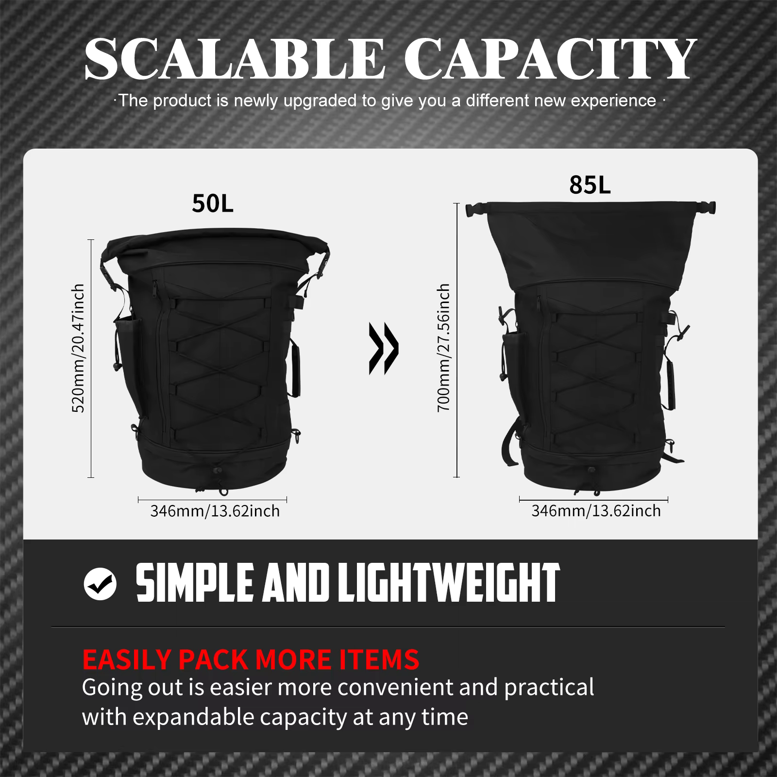 Sac à dos de bagage pour moto 50L-85L, sac de dossier avec sangles, sac de support arrière extensible universel pour la plupart des motos