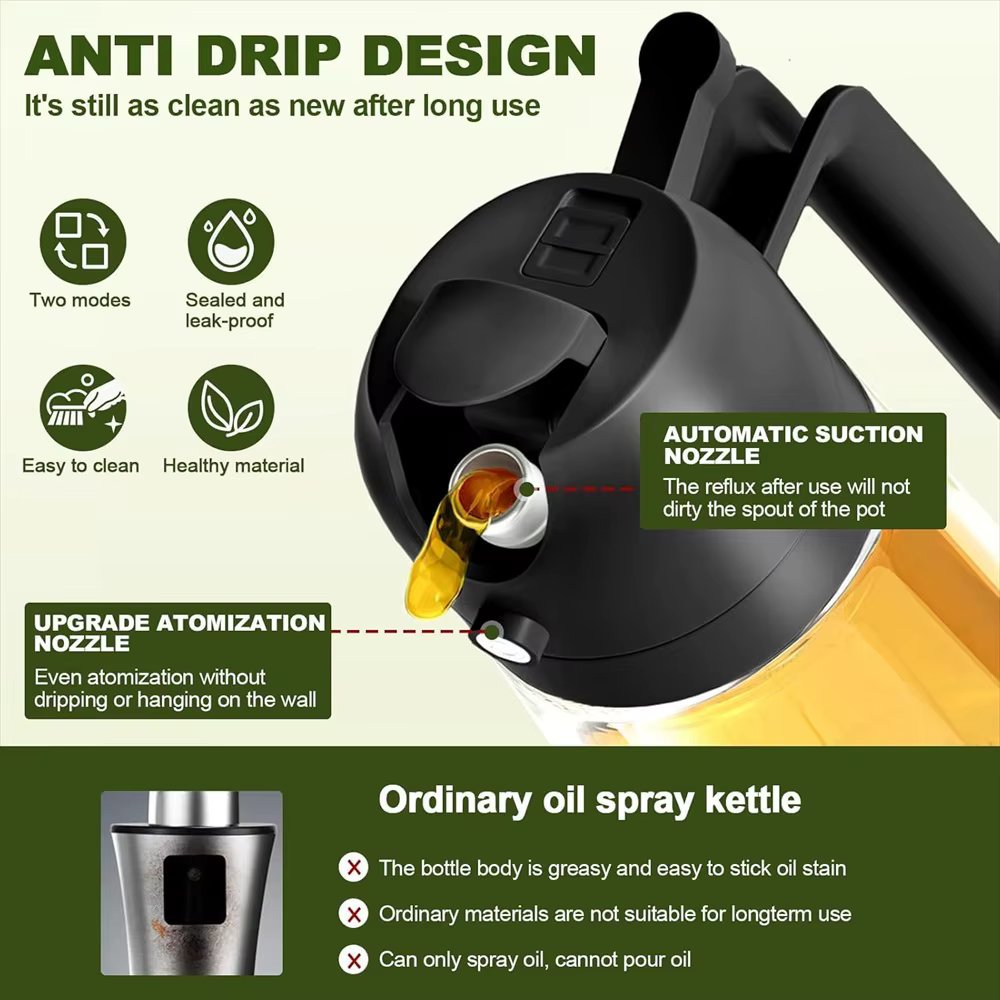 Pulvérisateur d'huile d'olive 16oz/470ml pour la cuisson-distributeur d'huile d'olive en verre 2 en 1 pour gadgets de cuisine, friteuse à air, salade et barbecue