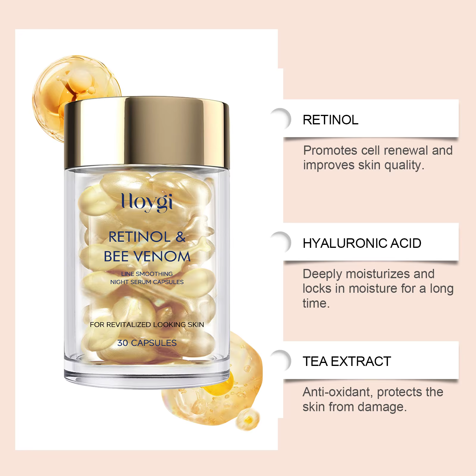Les capsules faciales au venin d'abeille au rétinol Hoygi hydratent en douceur la peau du visage