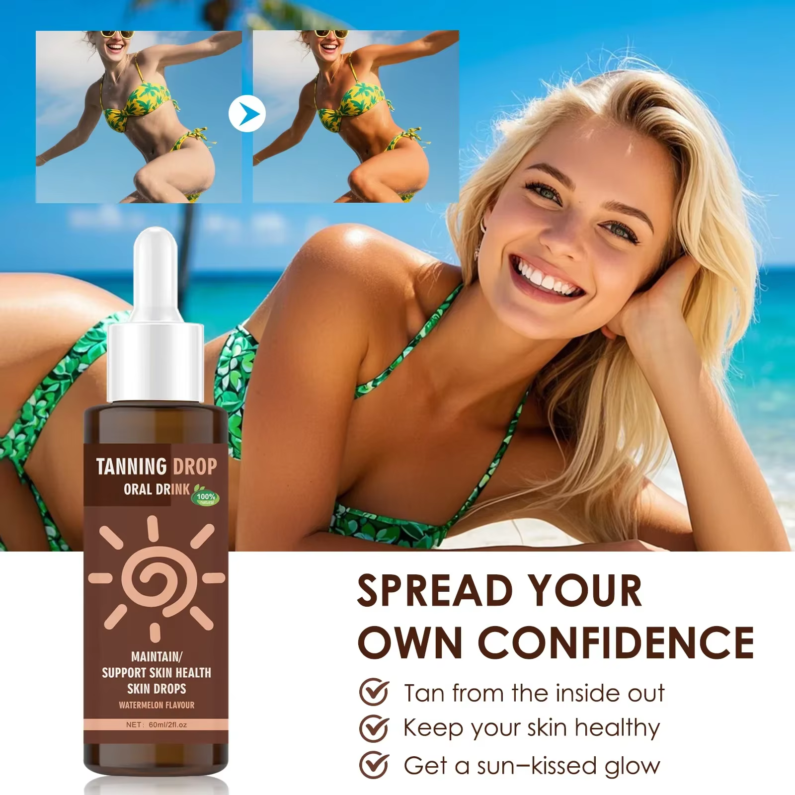 Boisson bronzante végane sans sucre 60ml – Gouttes orales naturelles saveur pastèque pour un éclat solaire intérieur – Soin de la peau