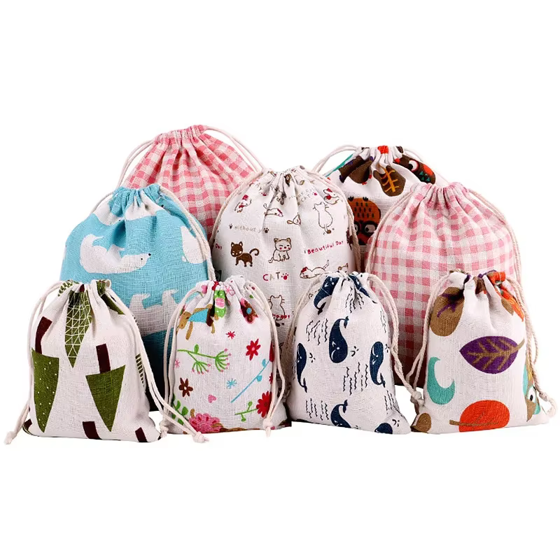 Sac de rangement en coton et lin pour jouets et friandises pour animaux de compagnie, pochette à cordon, sac de voyage mignon pour enfants, sac de rangement pour chaussures en tissu, trousse de maquil
