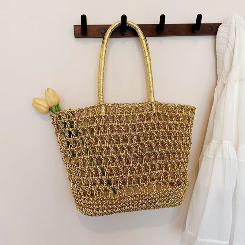 Sac cabas doré tressé à l'épaule, sac fourre-tout décontracté chic pour femme, idéal pour la plage, les vacances et les trajets quotidiens, sac à main coréen type seau