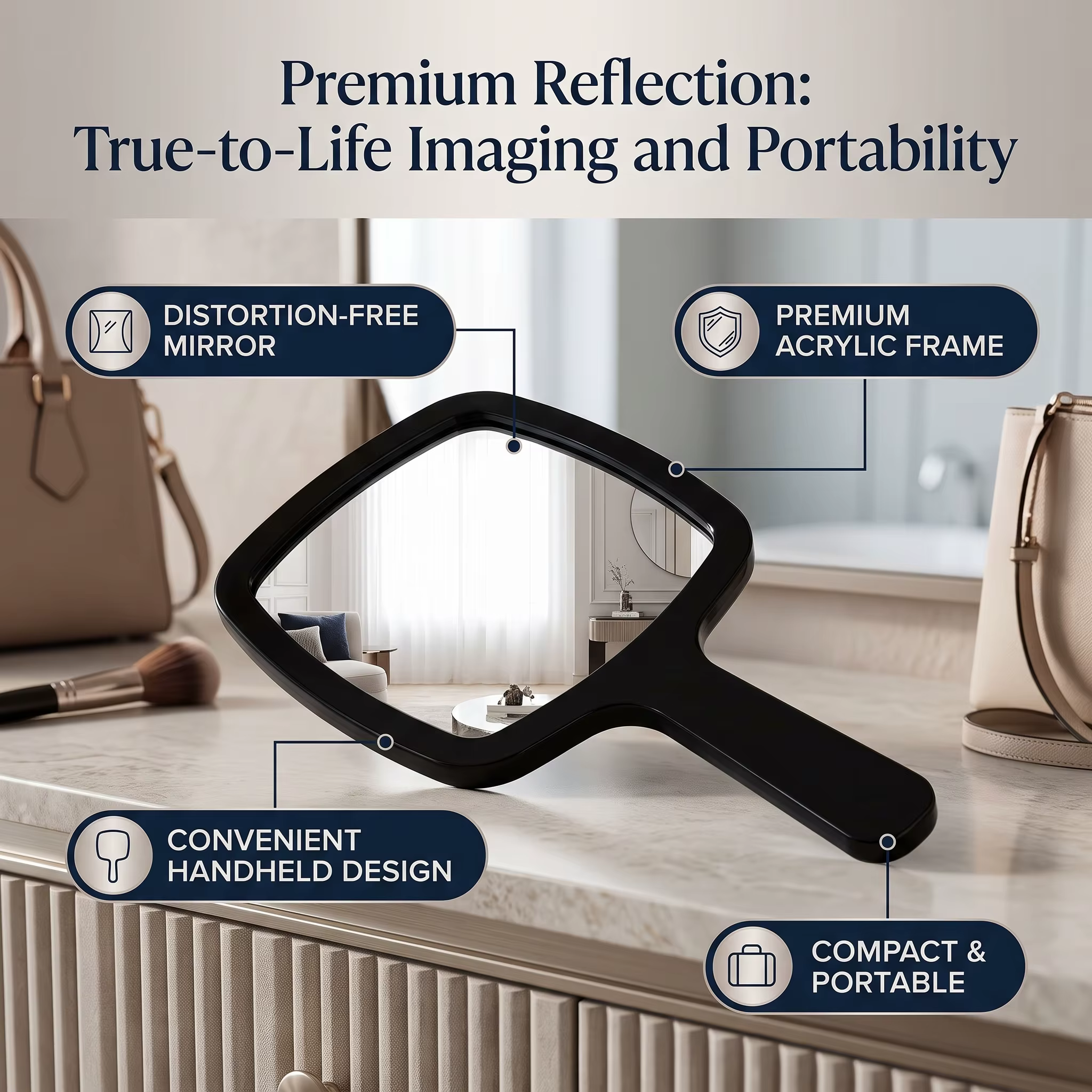 Miroir à main en acrylique noir, miroir à main portable avec poignée confortable, miroir de maquillage portable pour la maison