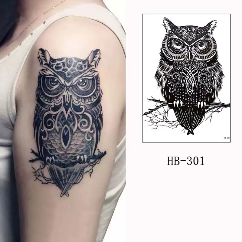 Tatouages temporaires hommes hibou noir tatouage autocollant pour main bras manches Animal faux tatouage pour femmes transfert étanche Tatoo