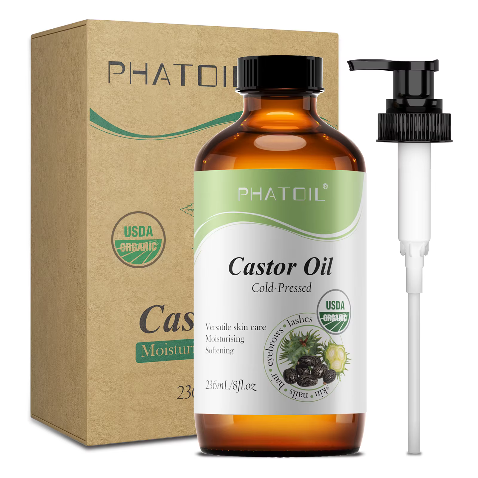 PHATOIL Huile de ricin biologique pressée à froid 118 ml/236 ml 100% naturelle Huiles