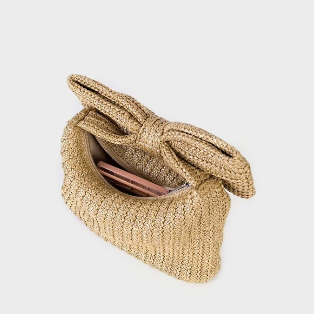 Sac à main chic en paille avec nœud pour femme – Design élégant d'été, pochette tressée, joli sac à main idéal pour le quotidien, les fêtes, les vacances et les voyages