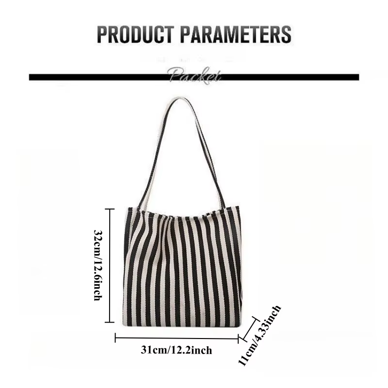 Sac fourre-tout chic en toile rayée, grande capacité, polyvalent, portable, léger, sac à bandoulière pour l'école, le travail, les voyages, pour femmes