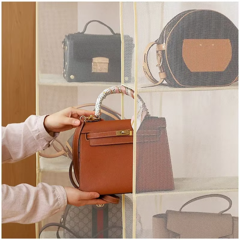 Placard sac à main pour armoire, sac de rangement, porte murale transparente, sac à chaussures divers avec cintre en poudre, sac à main infortable