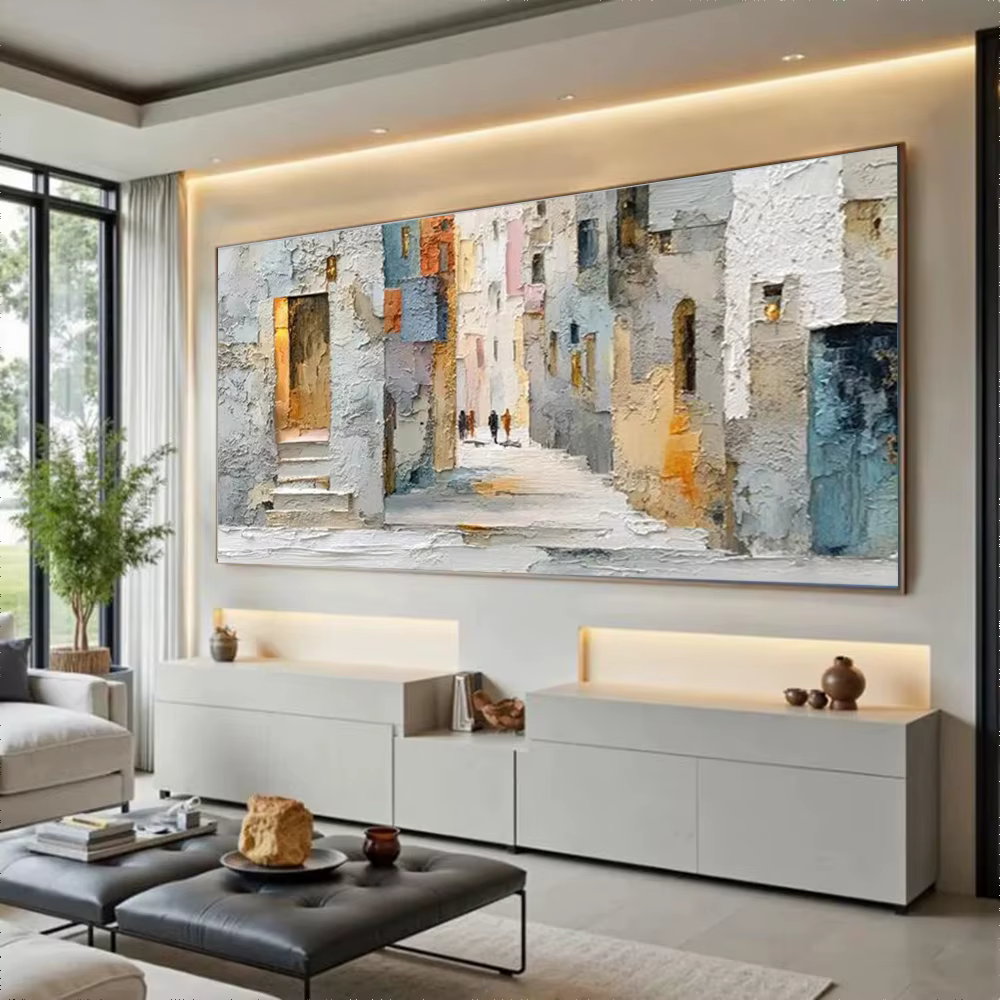 Peinture à l'huile abstraite 100% faite à la main sur toile, image de paysage du vieux quartier, art mural, décoration murale pour salon