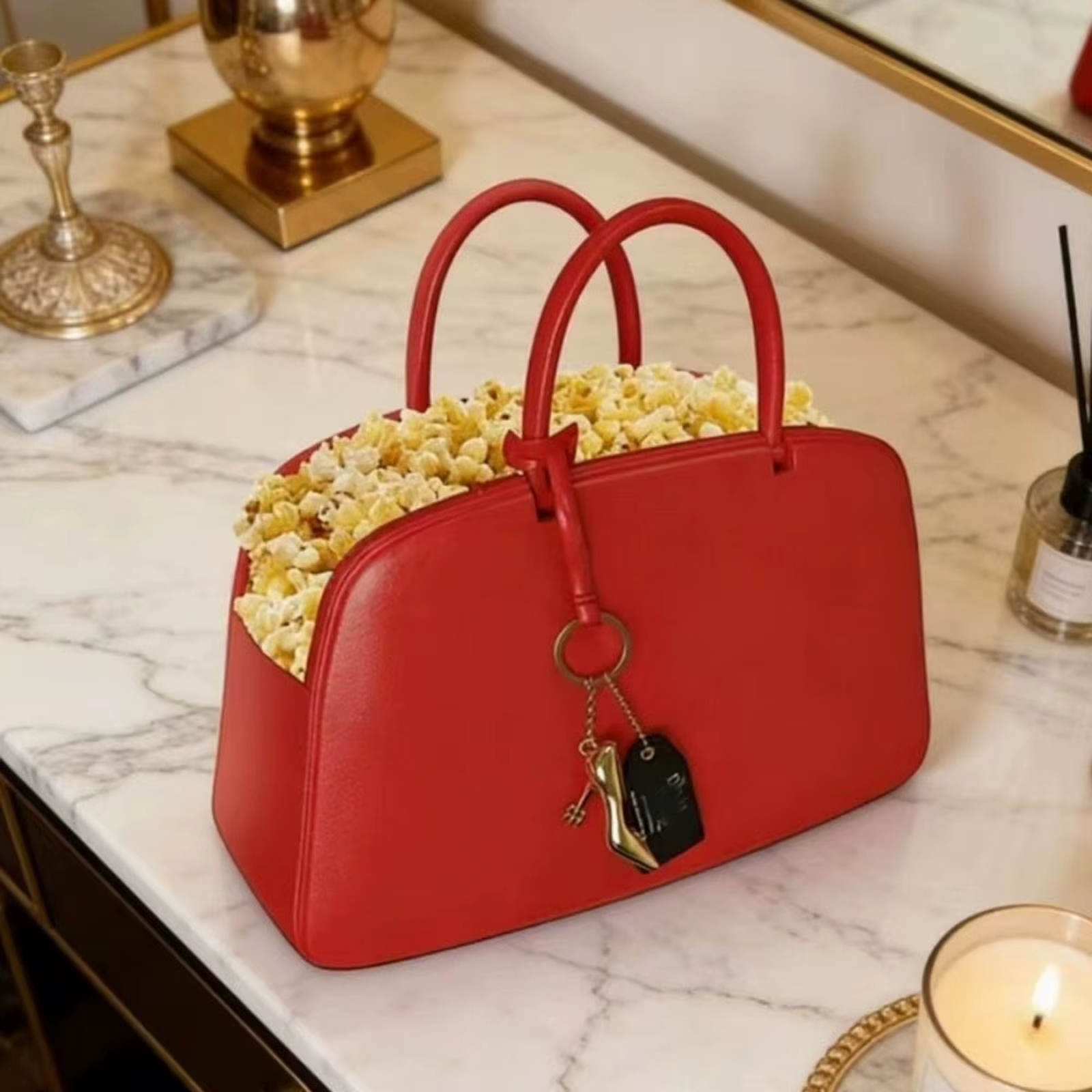 Sac à main rouge en cuir PU pour femme, modèle seau à popcorn avec pendentif, sac fourre-tout pour soirées cinéma et fêtes, idéal pour transporter des bonbons