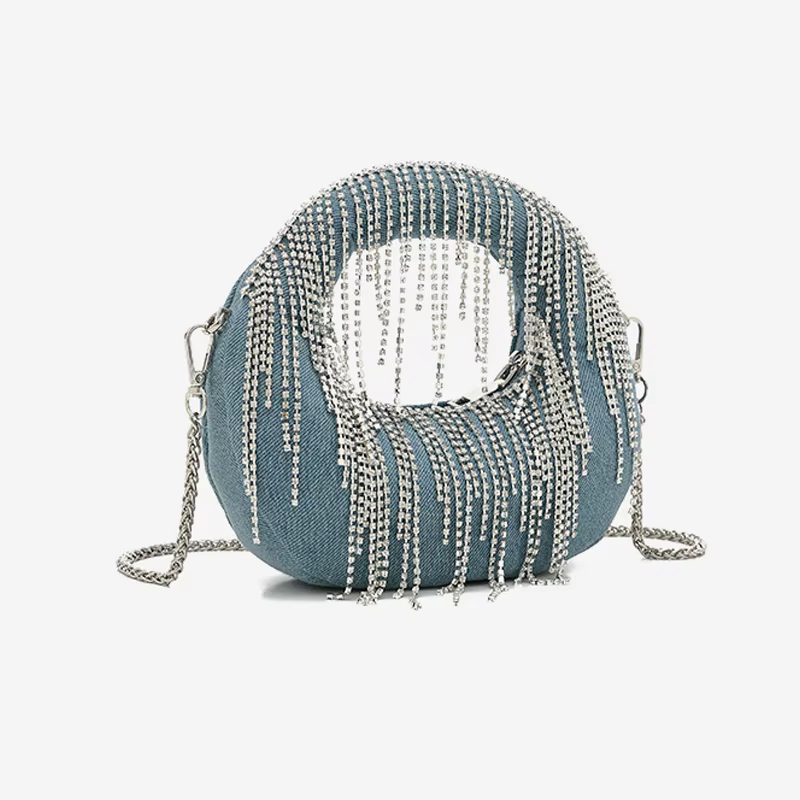 Demi-lune soirée pochette sacs de fête pour les femmes de luxe concepteur Denim gland strass sac à main paillettes brillantes chaîne épaule sac à main