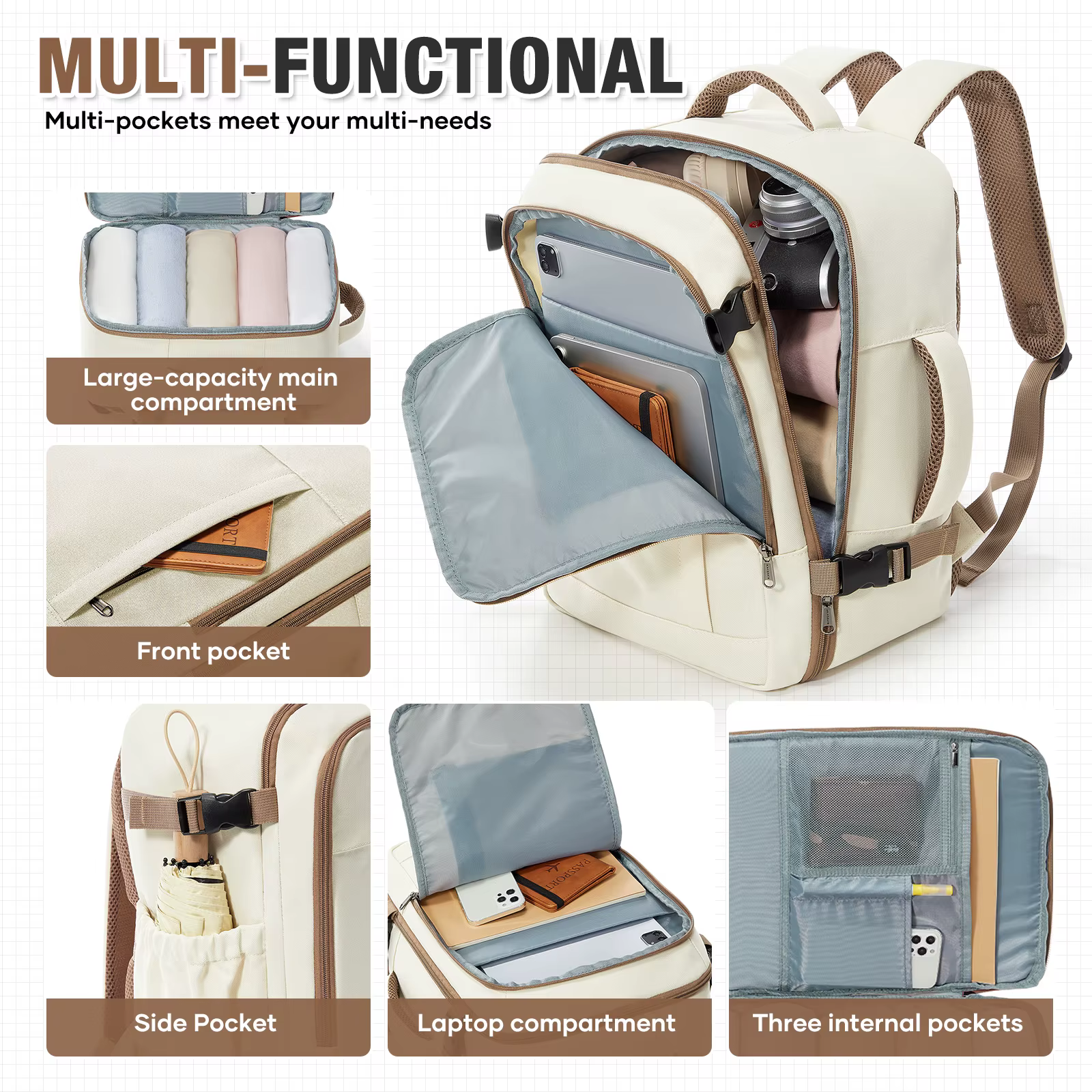 Ryanair Sac de cabine 40x30x20 cm Sac à dos de voyage sous le siège, Sac à dos de randonnée en plein air pour hommes avec sac sous vide séparé + Scelleuse sous vide