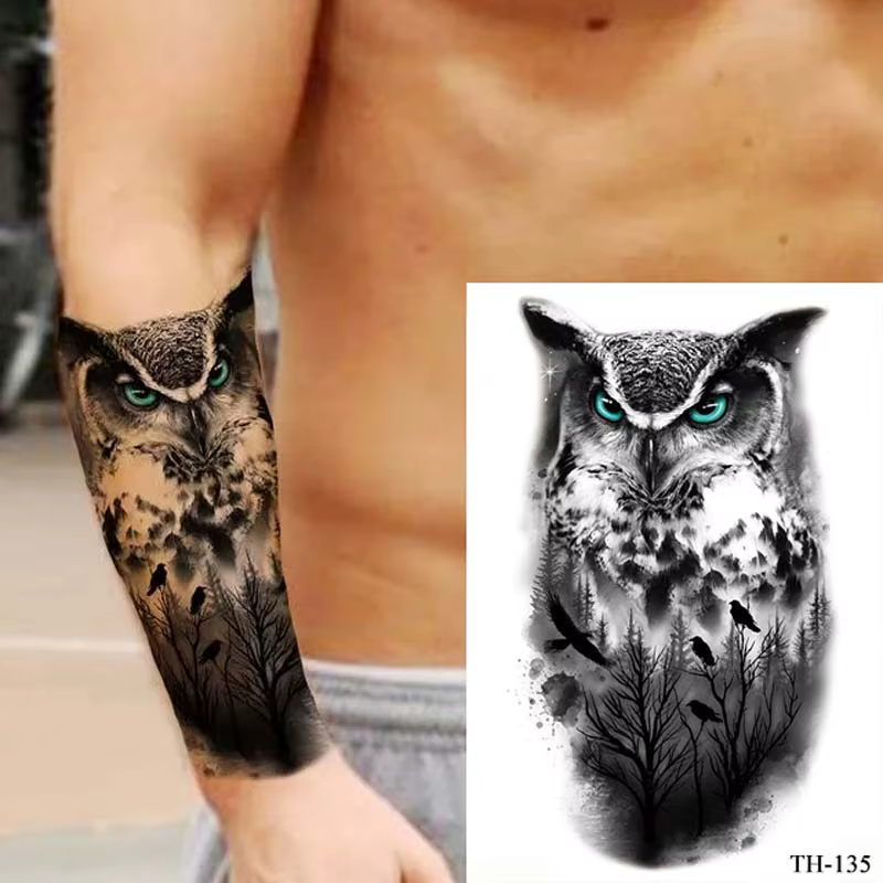 Tatouages temporaires hommes hibou noir tatouage autocollant pour main bras manches Animal faux tatouage pour femmes transfert étanche Tatoo