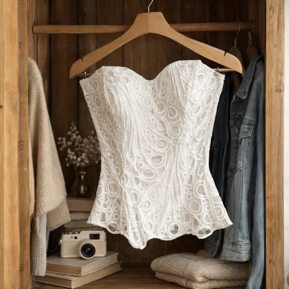 Haut corset amincissant à nouer au dos, ajouré, à ourlet asymétrique, avec dentelle à baleines et empiècements en maille, style bustier, pour tenue de club