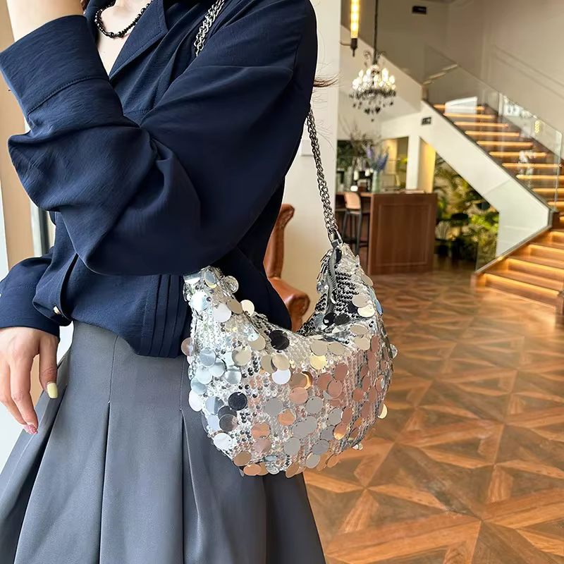 Sac à Main Demi-Lune Hobos à Paillettes pour Femme, Pochette de Soirée à la Mode