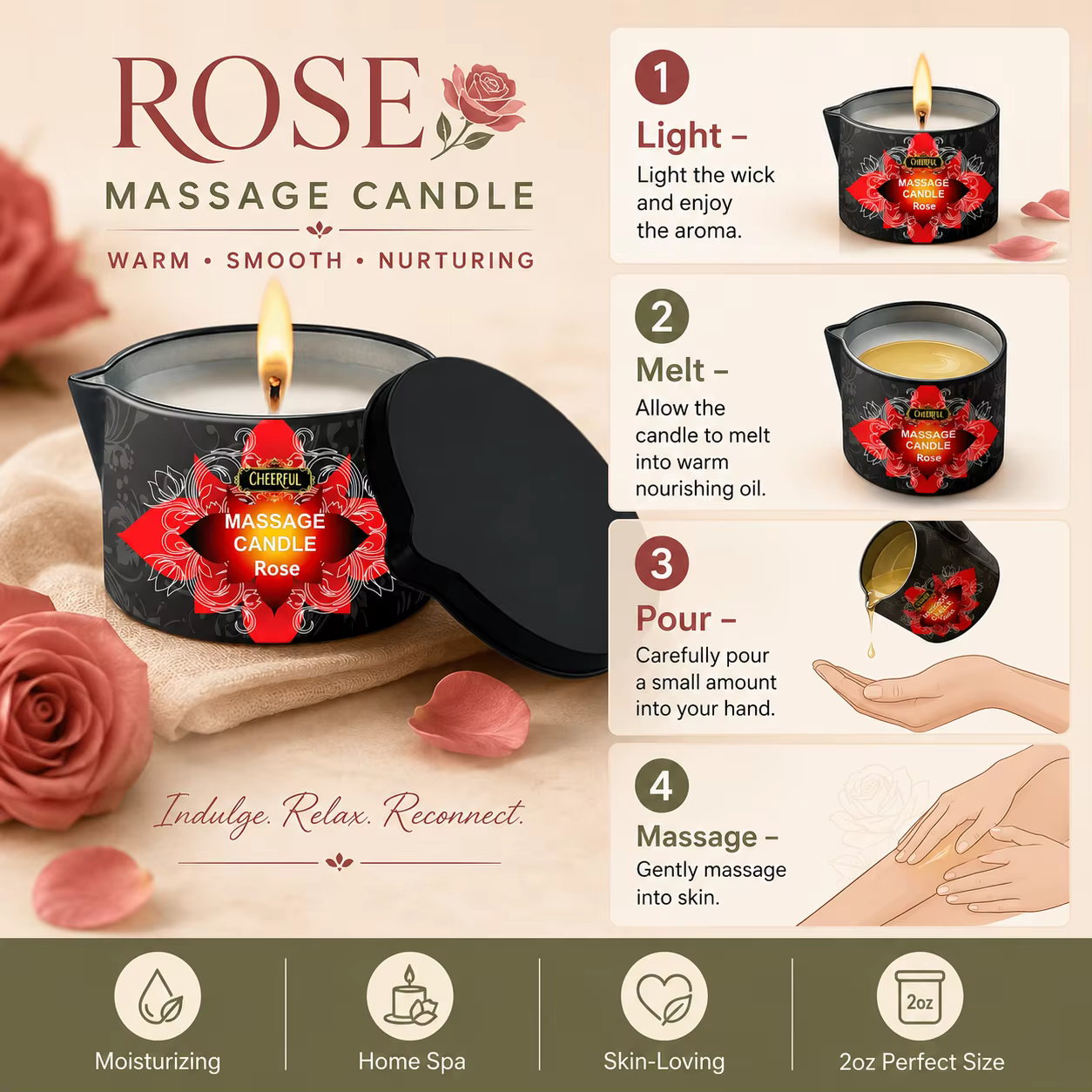 Bougie de massage à l'huile de rose 2oz
