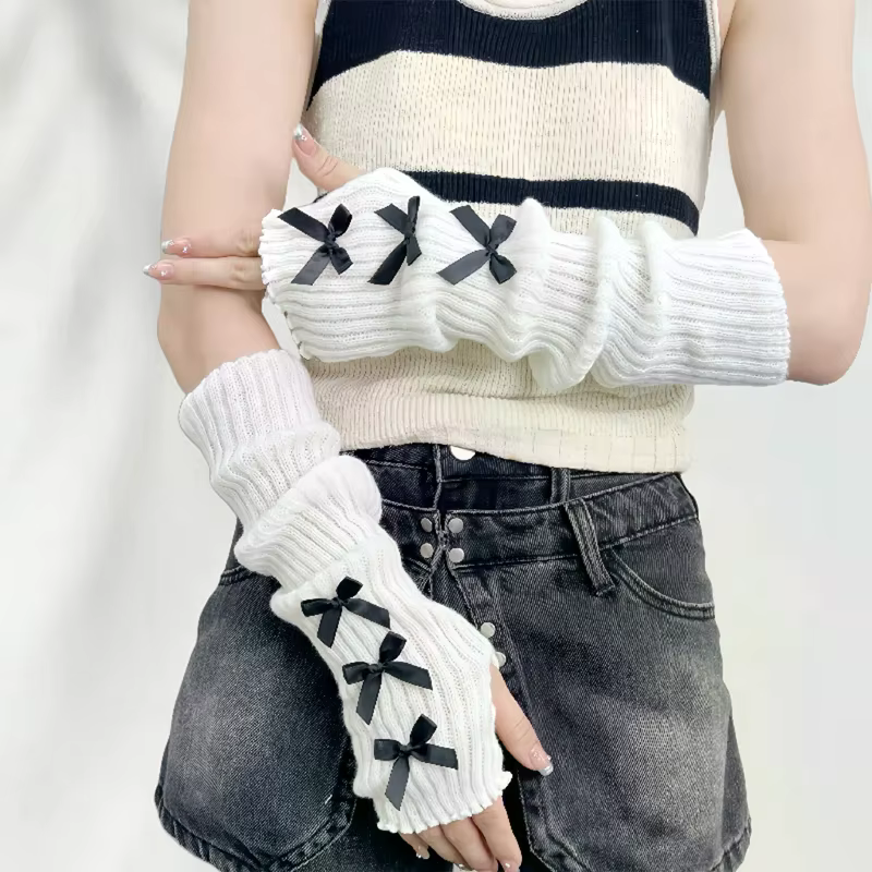 Manchons à main avec nœud papillon pour femmes, gants demi-doigt tricotés en ruban de laine, manches de bras de Style Ballet à la mode