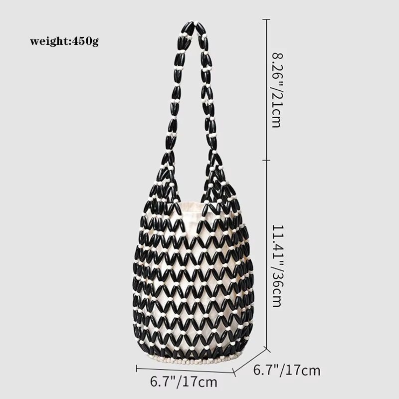 Sac à main tissé pour femmes, Design exquis, fourre-tout en perles de bois ajourées, sac seau à bandoulière, sac à main perlé fait à la main