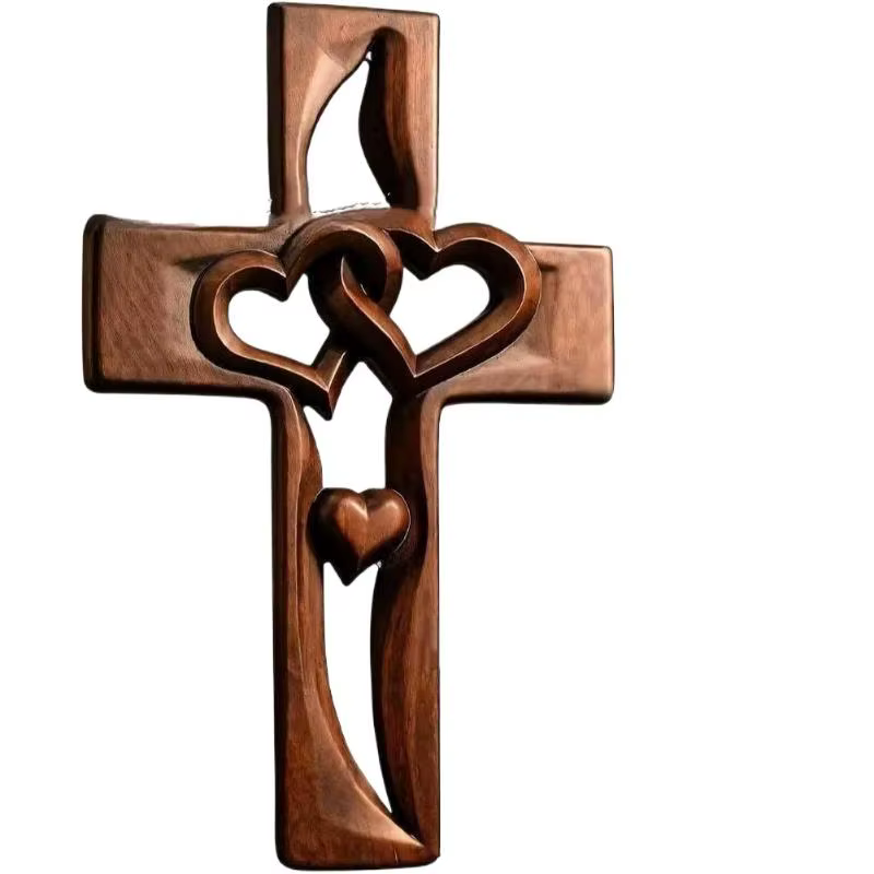 Décoration murale en bois rustique avec croix de cœurs entrelacés sculptée à la main, sculpture murale religieuse en bois à double cœurs entrelacés