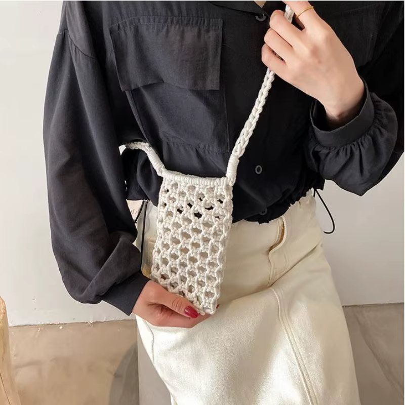 Sac bandoulière léger en crochet tressé ajouré de couleur unie pour femme, petit sac à main pour téléphone portable