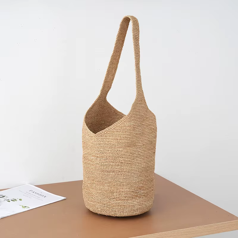 Sac seau en paille tressé à la main pour femme, style bohème, grande capacité, sac à bandoulière, sac de plage d'été, sac à main décontracté pour les trajets quotidiens
