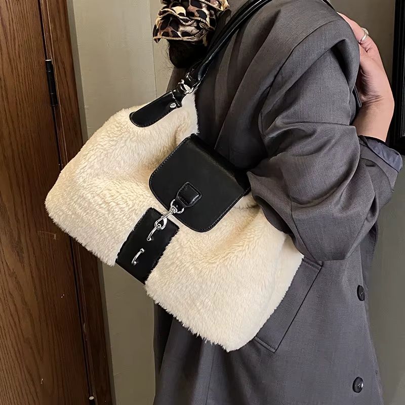 Sac à Main et Sac à Main de marque supérieure pour femmes, Sac à bandoulière en fausse fourrure de styliste, fourre-tout sous les bras en peluche moelleuse, Sac d'hiver