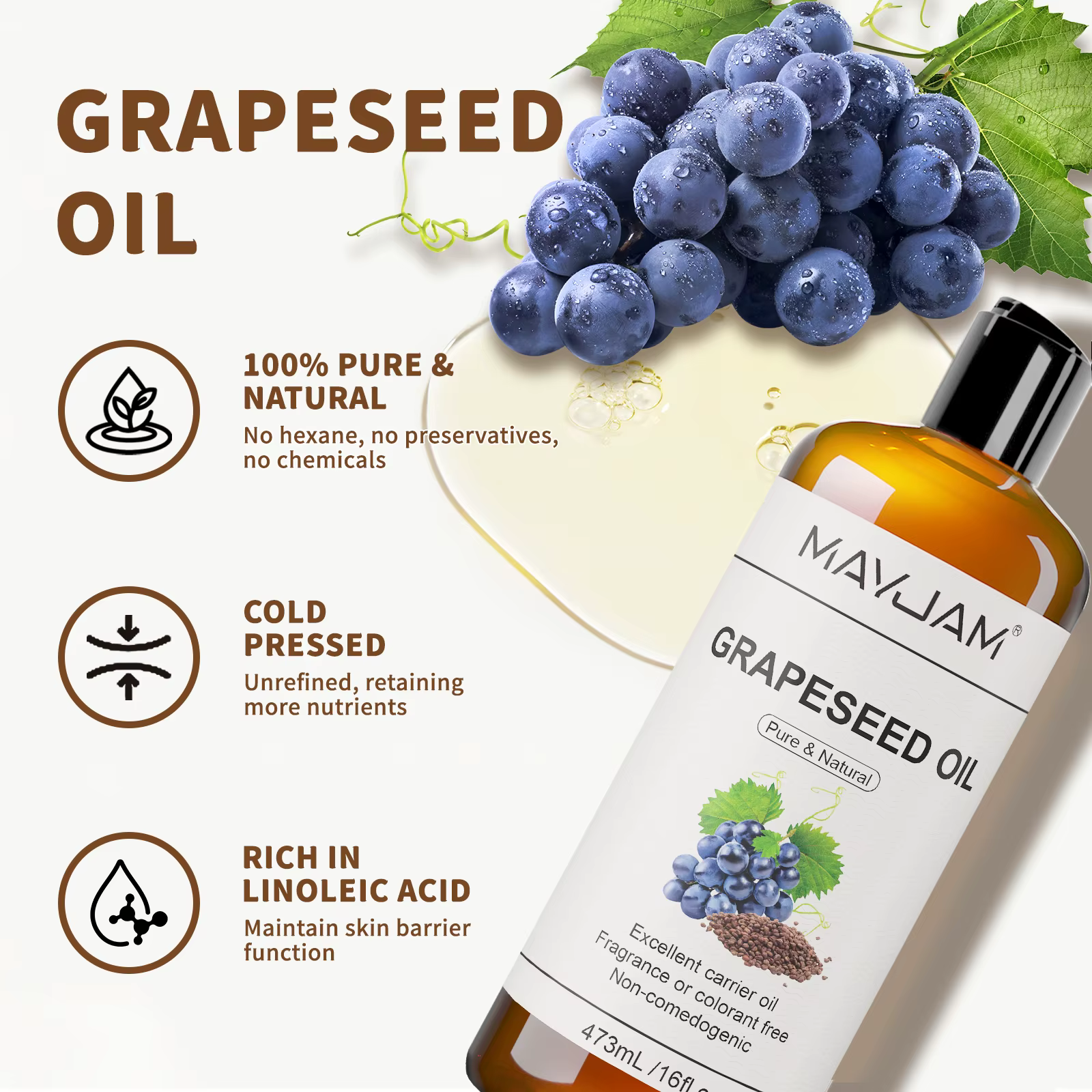 MAYJAM 473 ml/16 fl.oz huile de transport naturelle Pure pour le corps Massage du visage ricin légumes glycérine