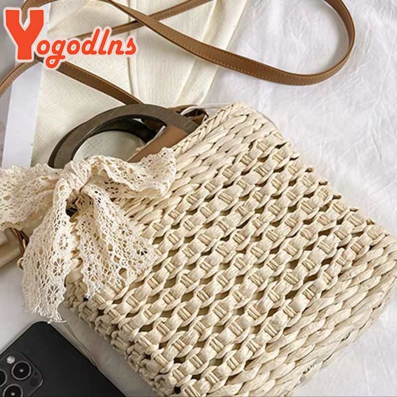 Sac à main en paille tissé à la main pour femmes, petit sac carré, forme de dentelle, nœud en rotin, capacité décontractée, plage initiée, sac à bandoulière