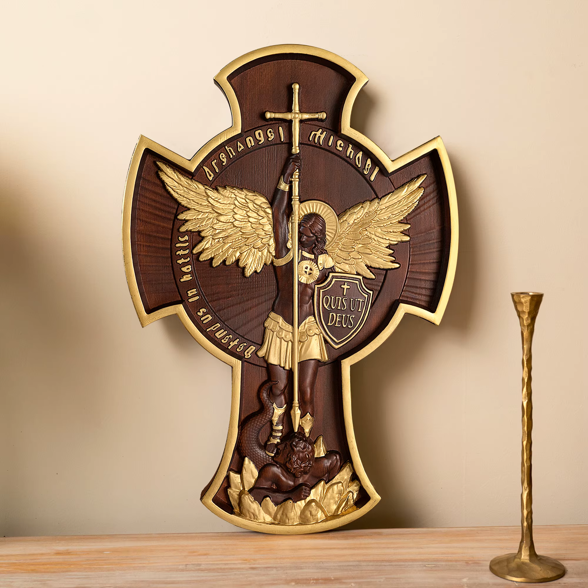 Saint Michel Archange Croix Statue Saint Patron, Figure Religieuse, Décoration Murale Maison, Cadeau Chrétien En Bois