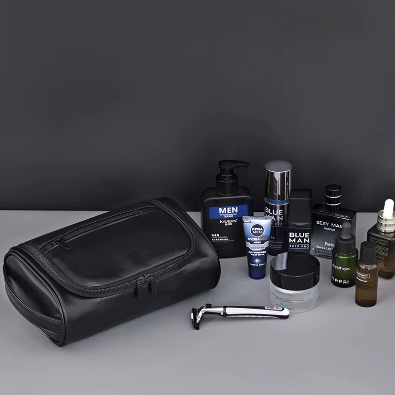 Sac de lavage en cuir pour hommes, grande capacité, voyage d'affaires, sac à cosmétiques Portable, conception multi-poches, sac de lavage en cuir portatif LI