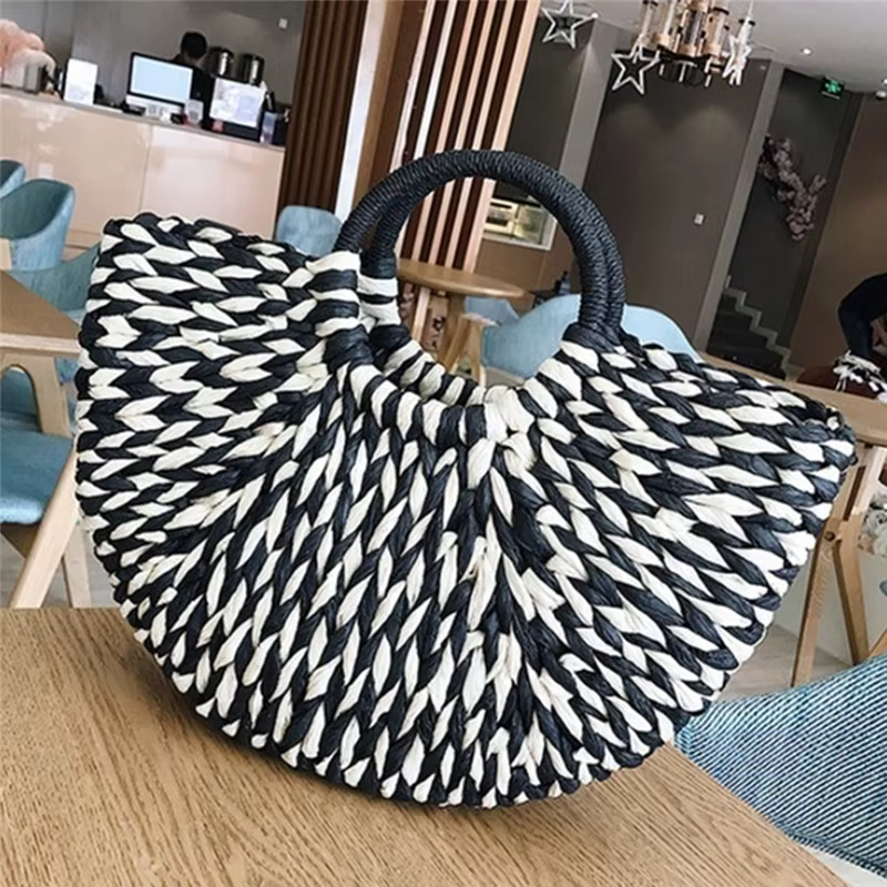 Sac à main coloré pour femme en rotin et paille tressée, sac demi-lune grande capacité, sac de voyage décontracté pour femme, sacs à la mode