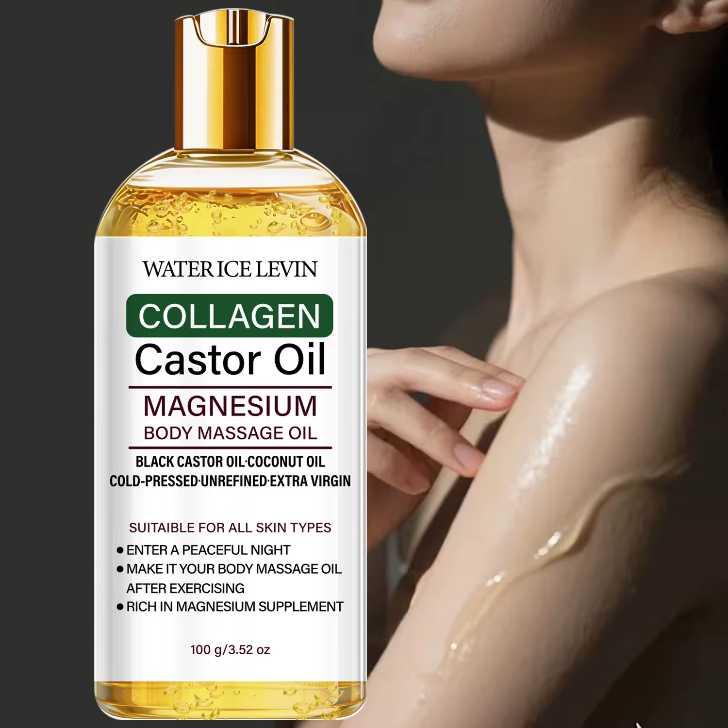 Huile de ricin pressée à froid pour massage corporel avec collagène et magnésium