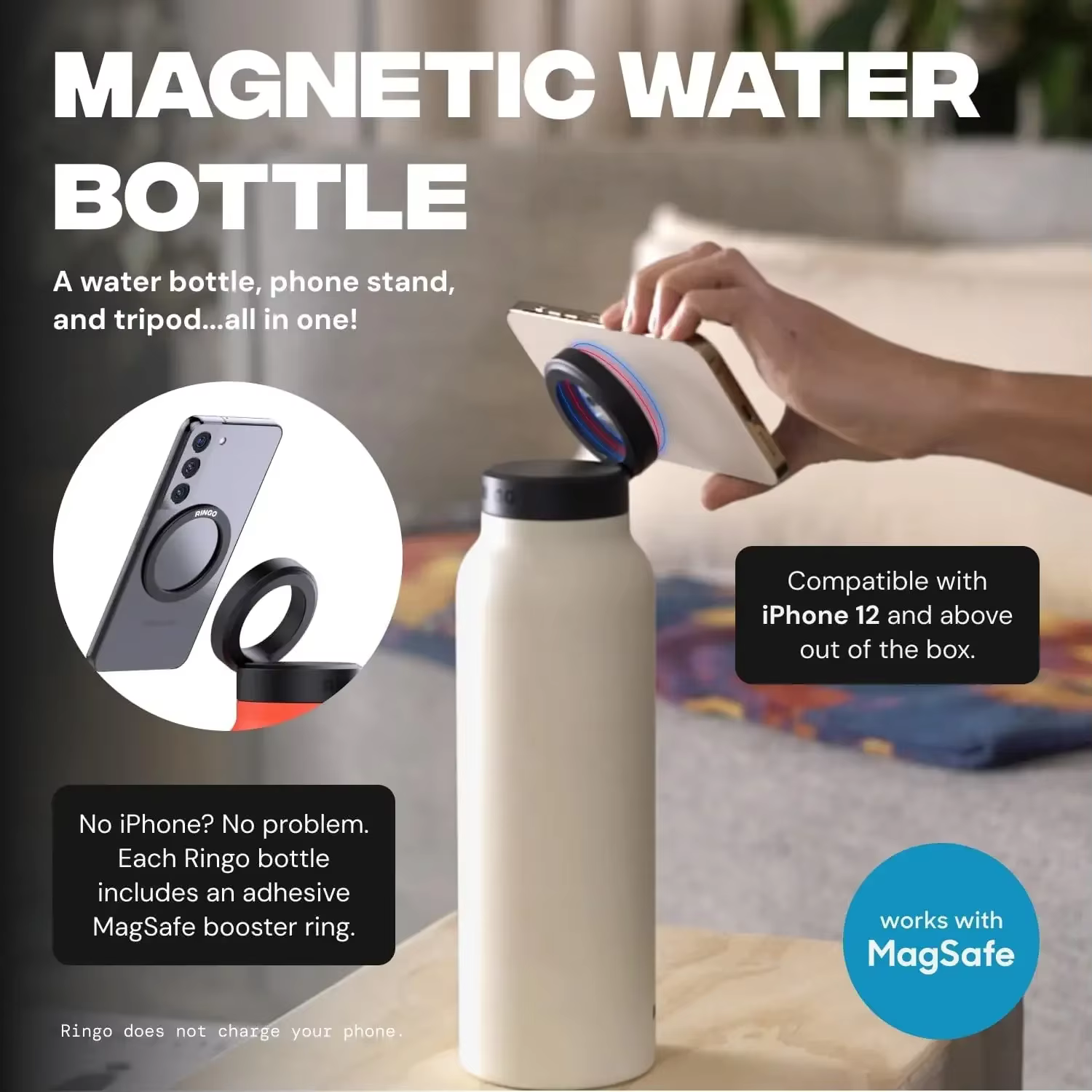 Bouteille d'eau sportive isolée pour hydratation quotidienne avec support magnétique pour téléphone portable pour la salle de sport et les activités de plein air