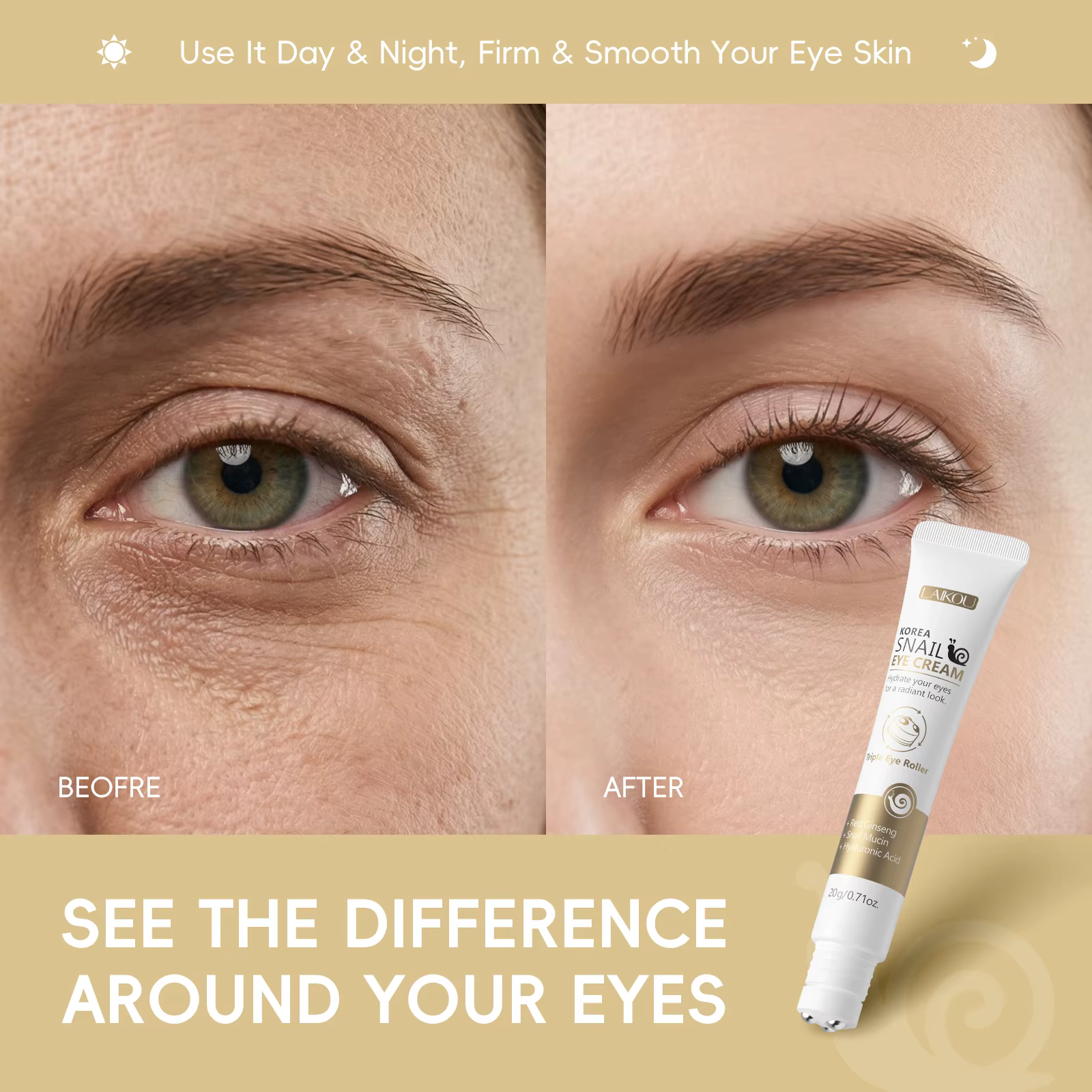 Crème pour les yeux à l'escargot LAIKOU Corée 20g Triple applicateur Hydratation intense Absorption facile Massage