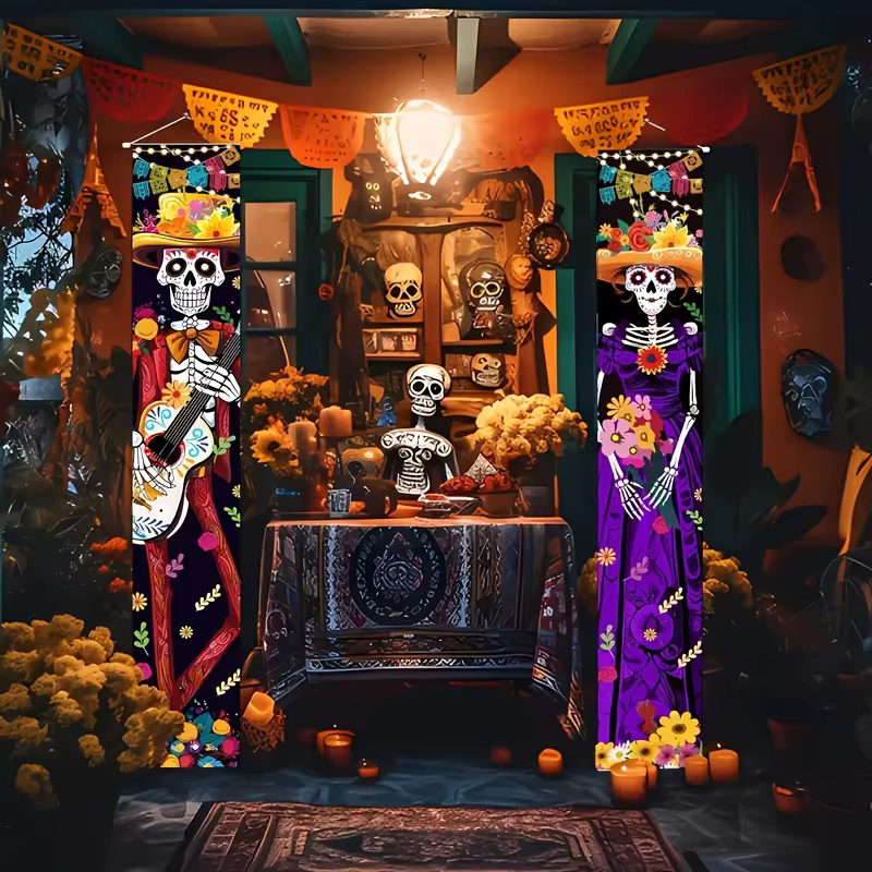 Ensemble de décorations de porte d'Halloween 2D, décoration de crâne suspendue, thème d'horreur festif, fête mexicaine du Jour des Morts