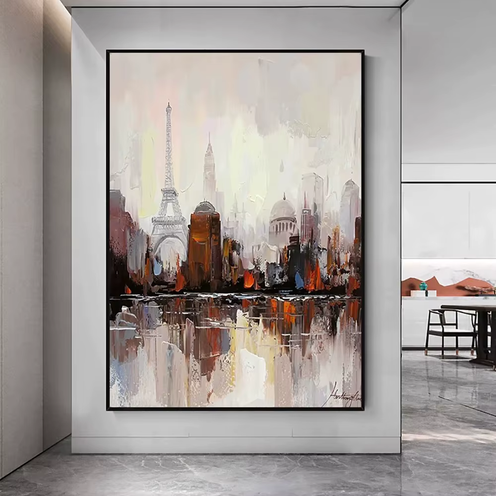 Peinture à l'huile abstraite de bâtiment sur toile, art mural peint à la main, peinture de paysage pour le décor de salon, peinture murale 3D de Bergame