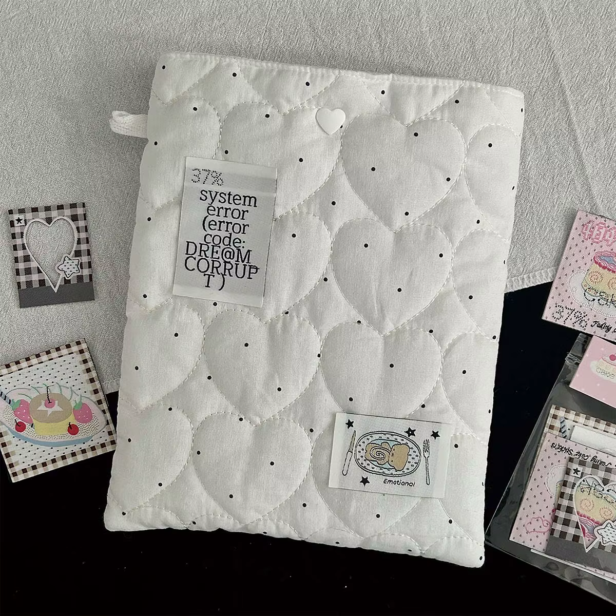 Pochette de rangement faite à la main style WAKAWAKA, sac en tissu à pois avec motif cœur pour carnet de notes, organisateur de matériel de bricolage