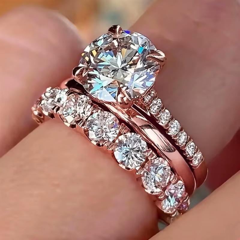 Huitan magnifique 3 pièces ensemble de bagues femme luxe brillant rond zircone doigt bijoux mode couleur or accessoires pour mariage