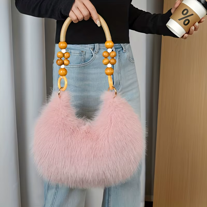 Faux sac à main pour femme, sac fourre-tout en peluche avec sangle accentuée de perles, sacs à main élégants à fermeture éclair, sacs à bandoulière pour tous les jours