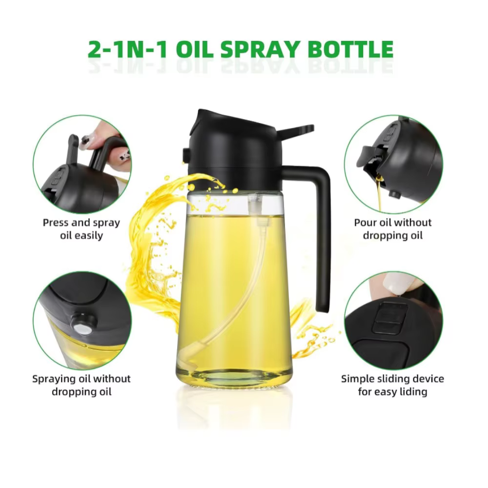 Pulvérisateur d'huile d'olive 16oz/470ml pour la cuisson-distributeur d'huile d'olive en verre 2 en 1 pour gadgets de cuisine, friteuse à air, salade et barbecue