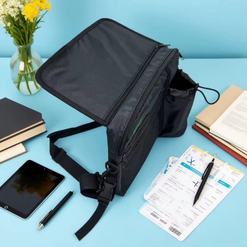 Sac de rangement suspendu pour avion noir, pochette de collation pour téléphone de voyage avec bandoulière, organisateur de siège de vol, 1 paquet