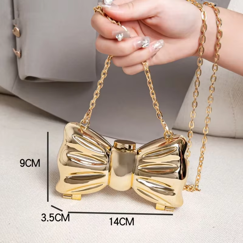 Mini sac de soirée à nœud papillon de luxe pour femmes et filles, sac à main à bandoulière avec chaîne, sac à main en métal pour fête de mariage
