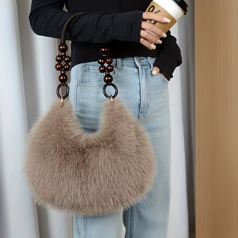 Faux sac à main pour femme, sac fourre-tout en peluche avec sangle accentuée de perles, sacs à main élégants à fermeture éclair, sacs à bandoulière pour tous les jours