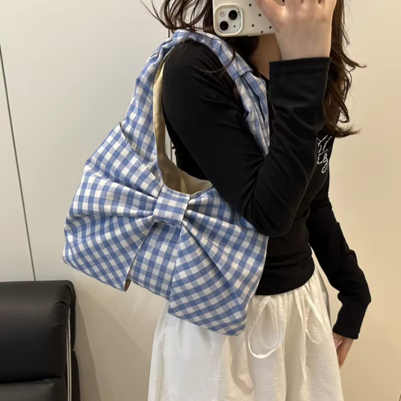 Sac à main chic à carreaux, sac à bandoulière avec nœud surdimensionné, sac sous le bras, sac fourre-tout en toile pour femme, sac à main décontracté pour les sorties