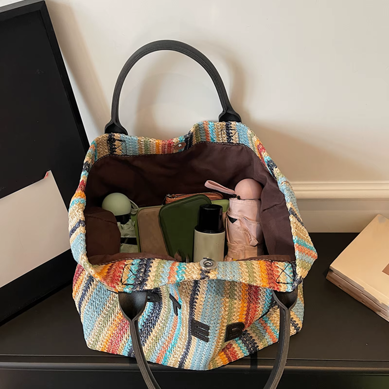 Sac fourre-tout pour femme avec poignée supérieure, sac à main à rayures colorées, sac à bandoulière portable pour les voyages, le shopping, le travail et l'usage quotidien