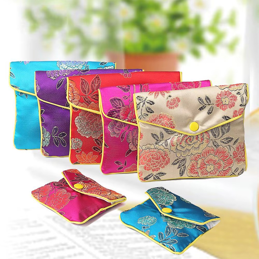 Sac à bijoux en brocart chinois brodé de soie, fait main, avec fermeture à bouton-pression, pour rangement de bijoux, colliers et portefeuilles