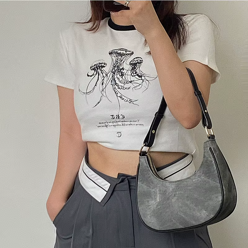 Sac à main en cuir PU gris pour femme, sacs sous les bras demi-lune décontractés, sac hobos initié, sac à bandoulière tout match, sac à main pour femme