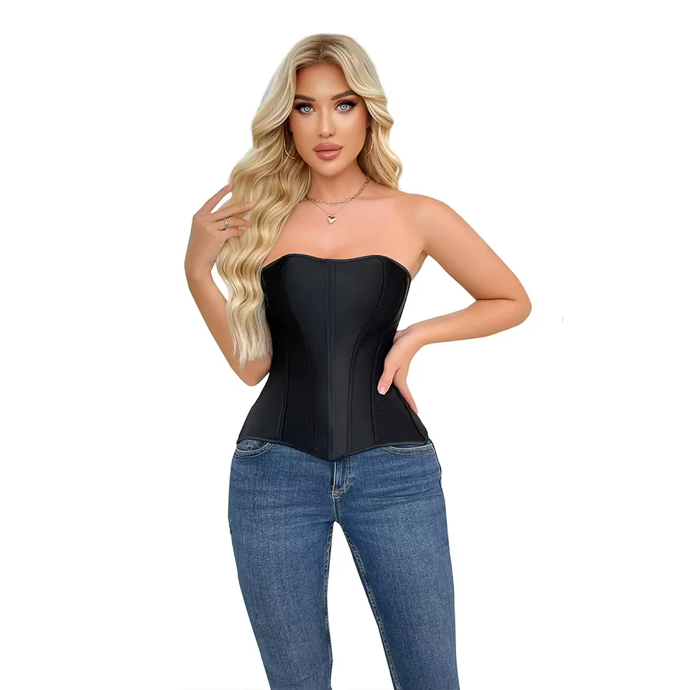 Corset Overbust Sexy pour Femme en Satin Noir avec Lacets et Fermeture Éclair, Corsetto Shaper Gothique, Bustier Amincissant