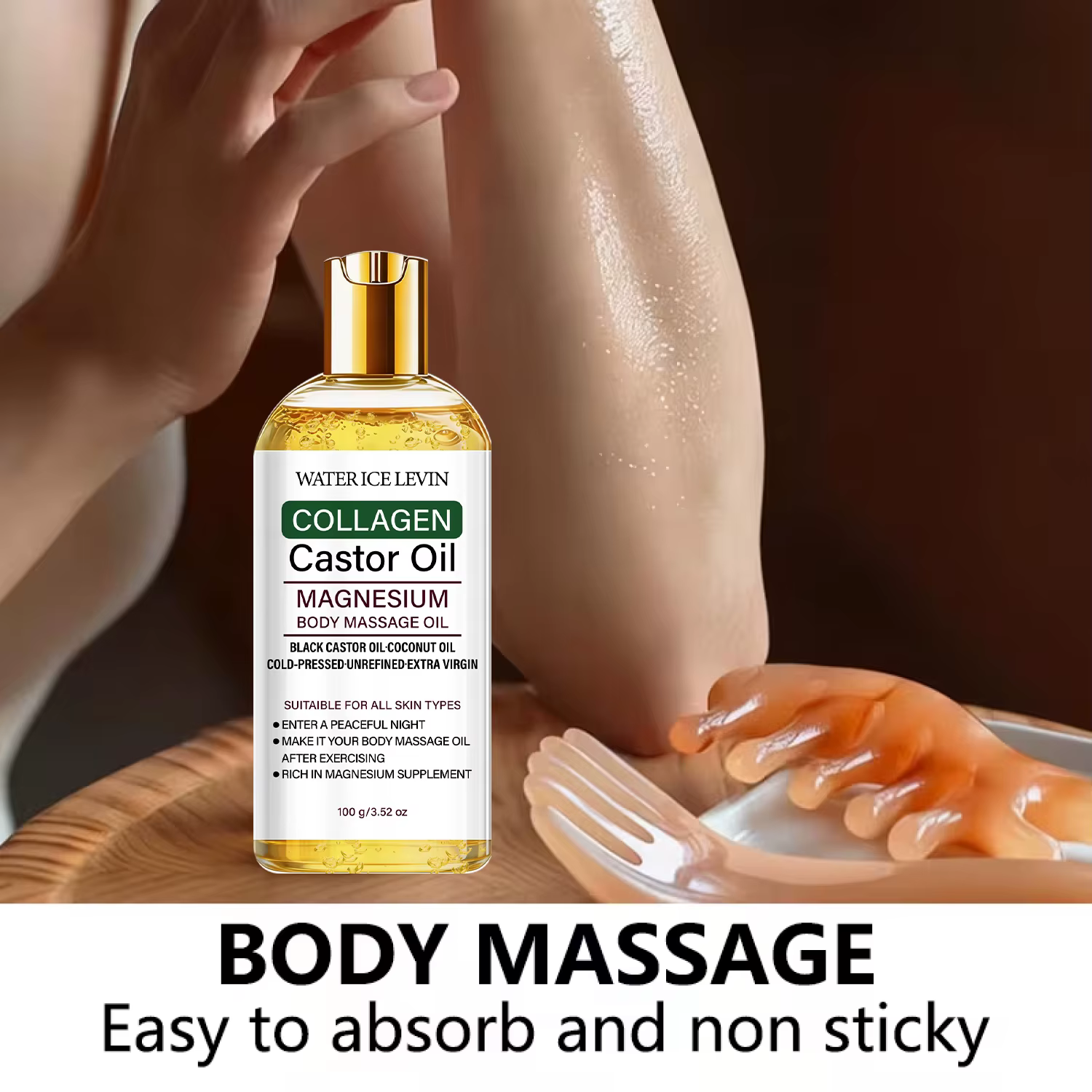 Huile de ricin pressée à froid pour massage corporel avec collagène et magnésium